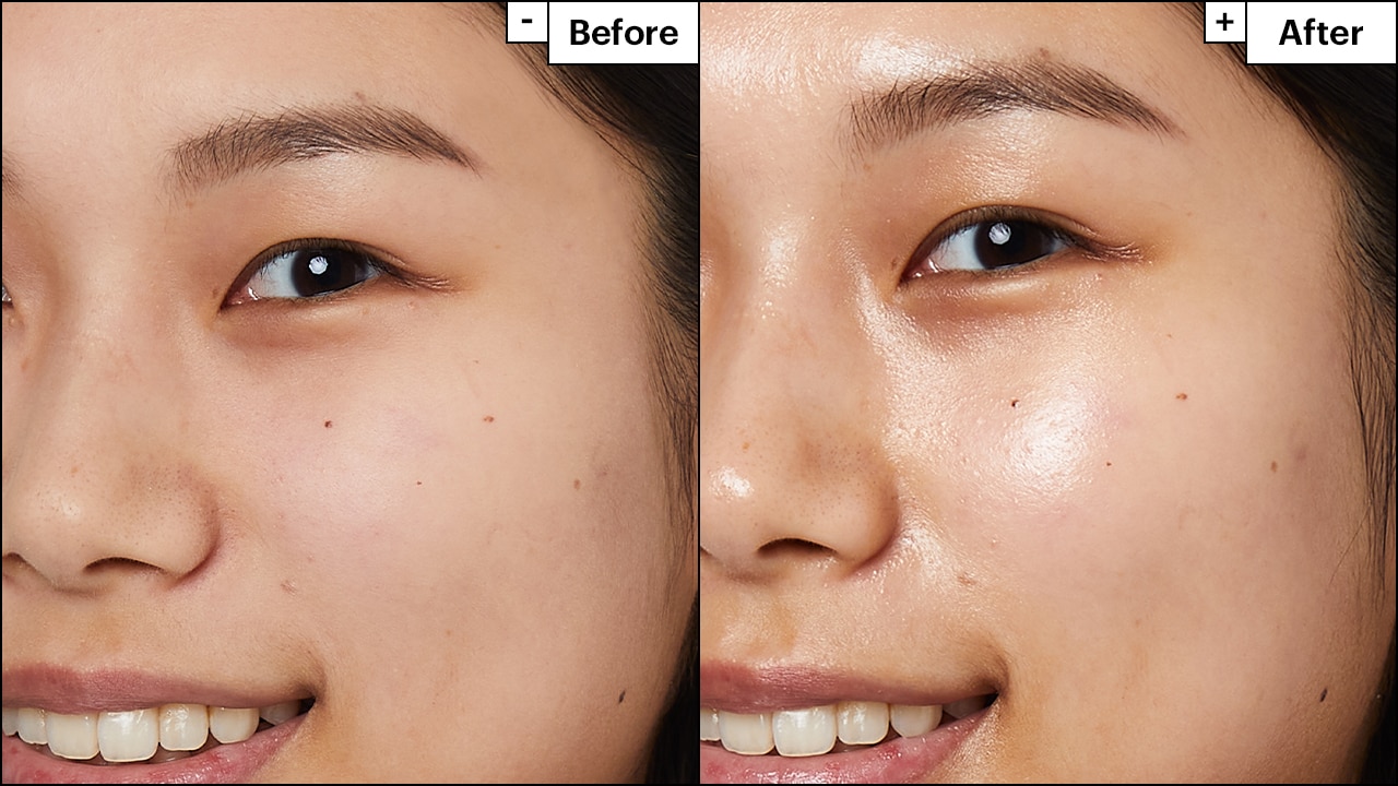 Before and after results reveal moisturized, glowing and hydrated looking skin.